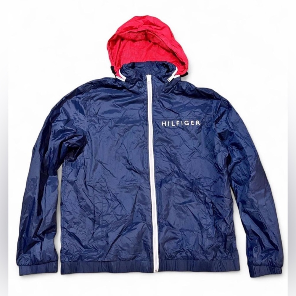 Tommy Hilfiger Men’s Navy Windbreaker with Red Detachable Hood Preppy Y2K